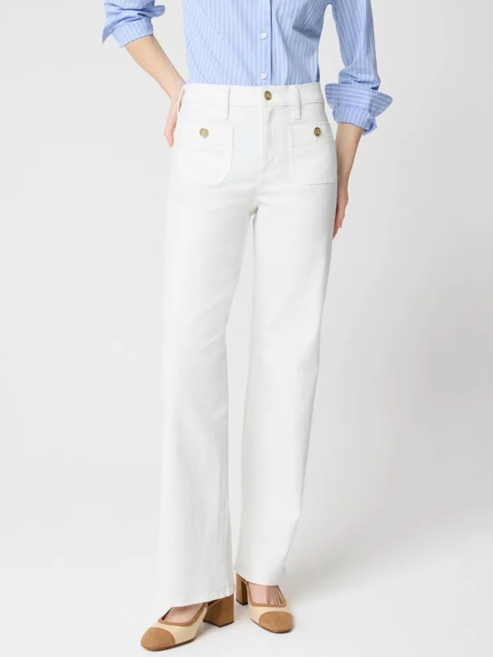 🩷 J Crew Full Length Slim White Wide-Leg Jeans w/ Sailor Front Patch Pockets 31P
